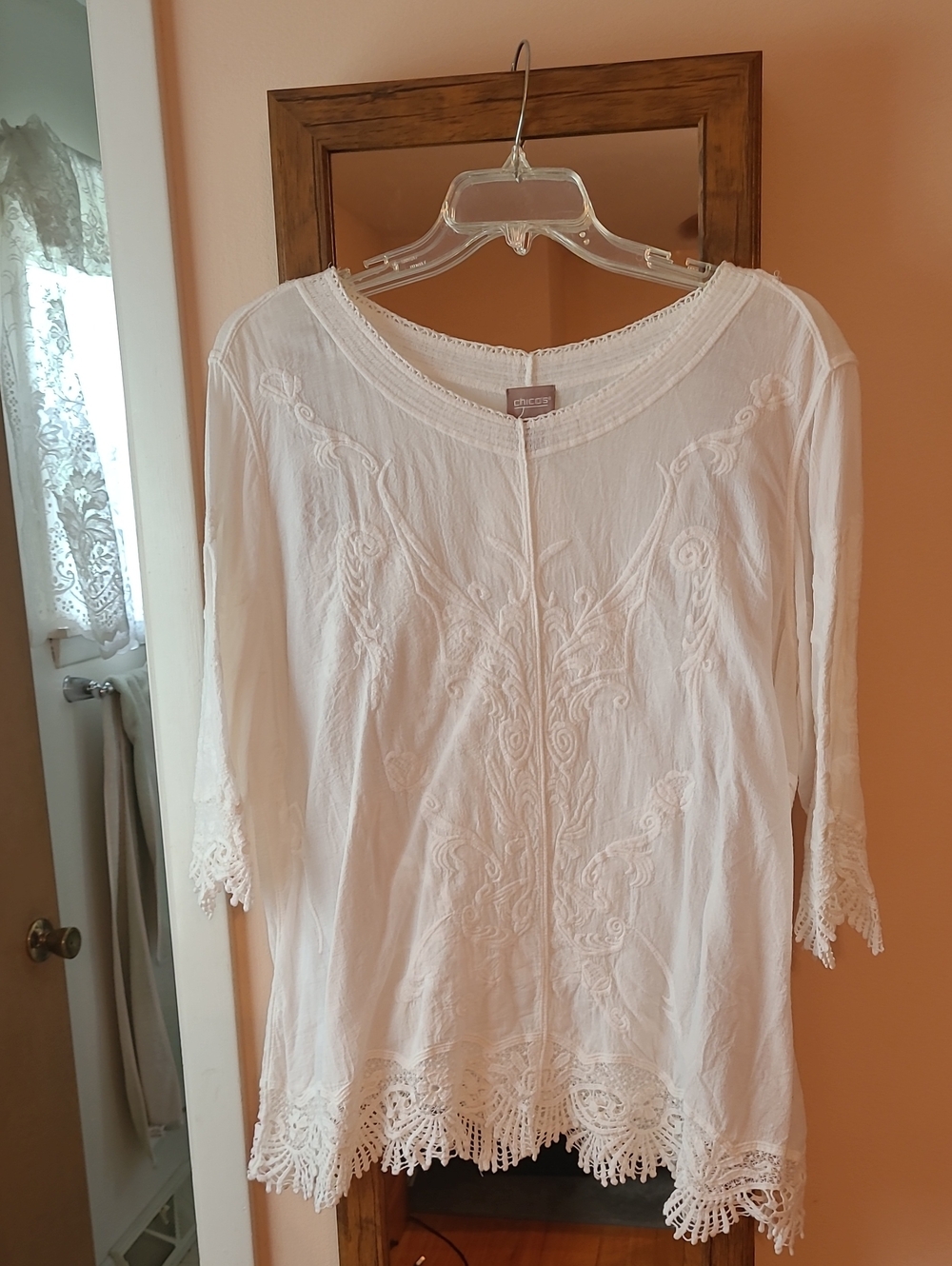 Chico's White Embroidered Crochet-Hem Tunic